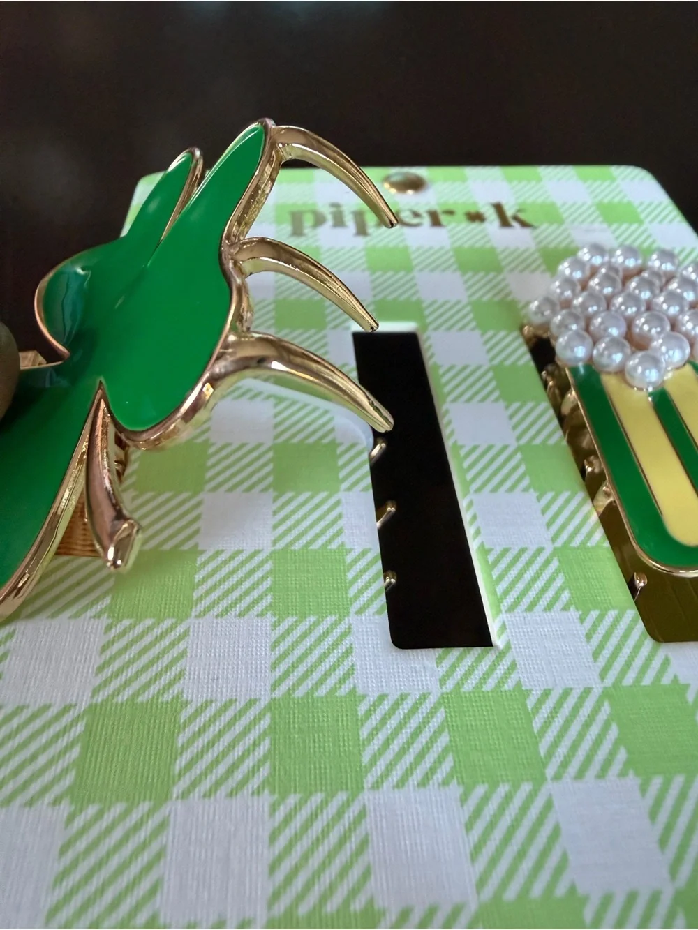 Piper K Shamrock and Festive Mug Hair Clips Green w Gold Holiday St. Patricks